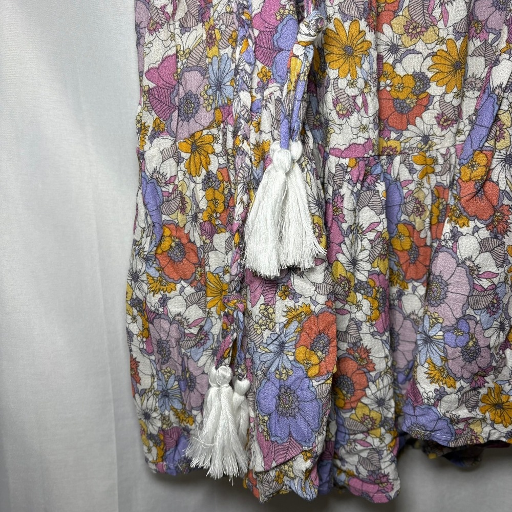 Cynthia Rowley Floral Off Shoulder Mini Dress XL Purple Orange Boho Tassel Belt - Picture 5 of 12